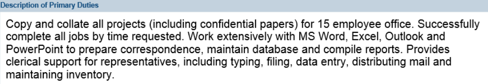 Example of Complete Duty Statement